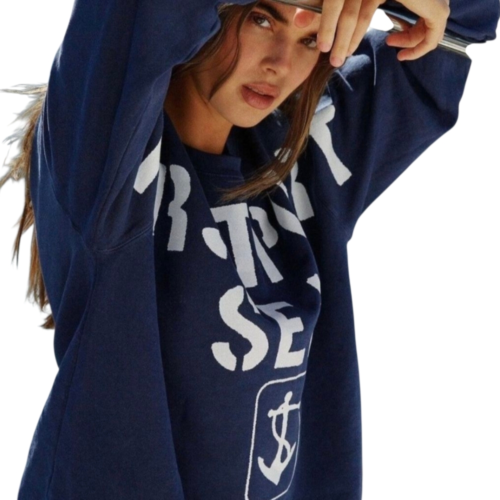 Firstport x Free People Sea Billboard Crewneck Navy Coastal Oversized S NWOT